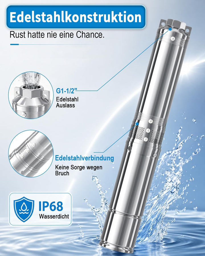 LANCHEZ Tiefbrunnenpumpe, 170 L/min Brunnenpumpe, (Max. Förderhöhe 144M | IP68 | 230V/50Hz | mit 20M