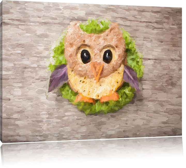 Pixxprint das lustige Eulen Sandwich Kunst / 100x70cm Leinwandbild bespannt auf Holzrahmen/Wandbild