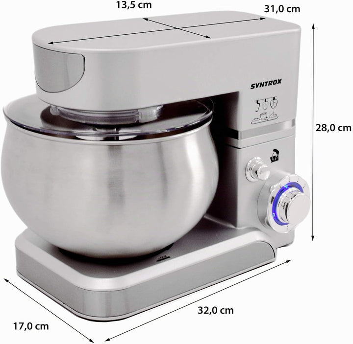 Syntrox Germany KM-5.0L Basic Silver Küchenmaschine Knetmaschine, Edelstahl-Behälter, 5 Liter, silbe