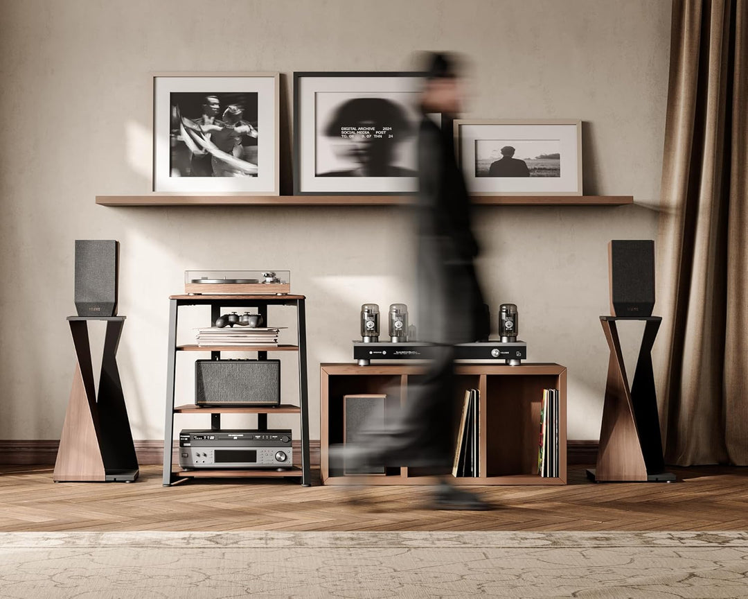 FITUEYES Design HiFi Rack aus Holz &amp; Stahl, Plattenspieler Tisch mit verstellbaren Ablage, HiFi Rega