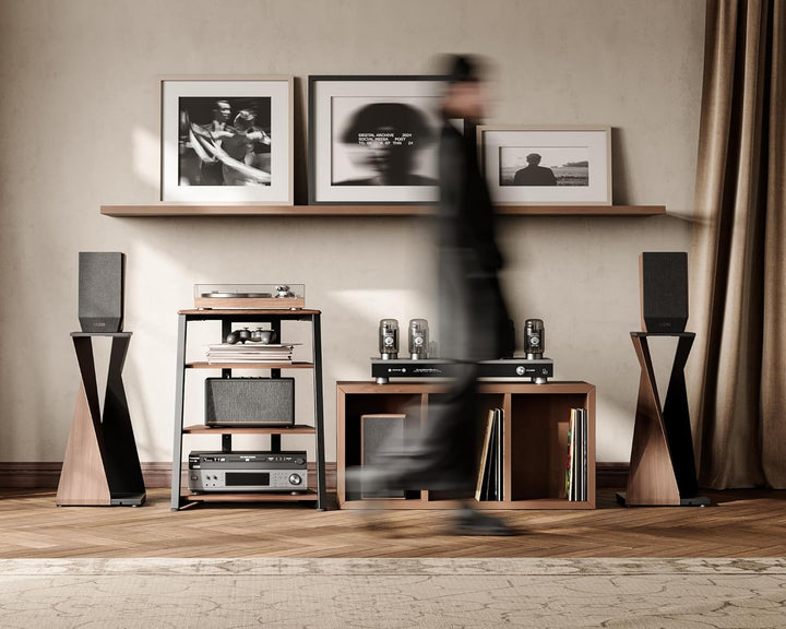 FITUEYES Design HiFi Rack aus Holz &amp; Stahl, Plattenspieler Tisch mit verstellbaren Ablage, HiFi Rega