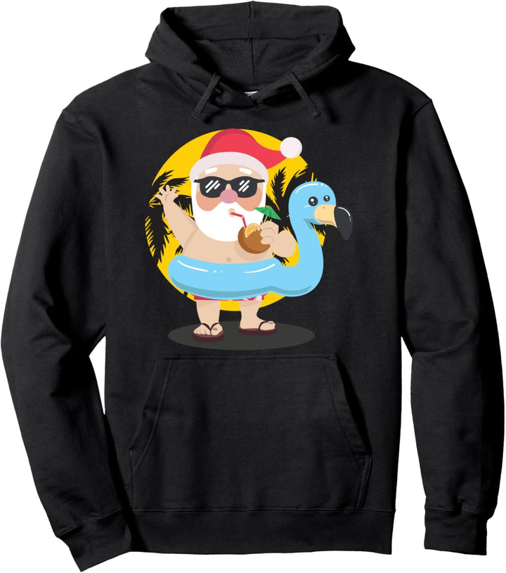 Santa Flamingo Tropical Beach Christmas Hawaiian Party Float Pullover Hoodie