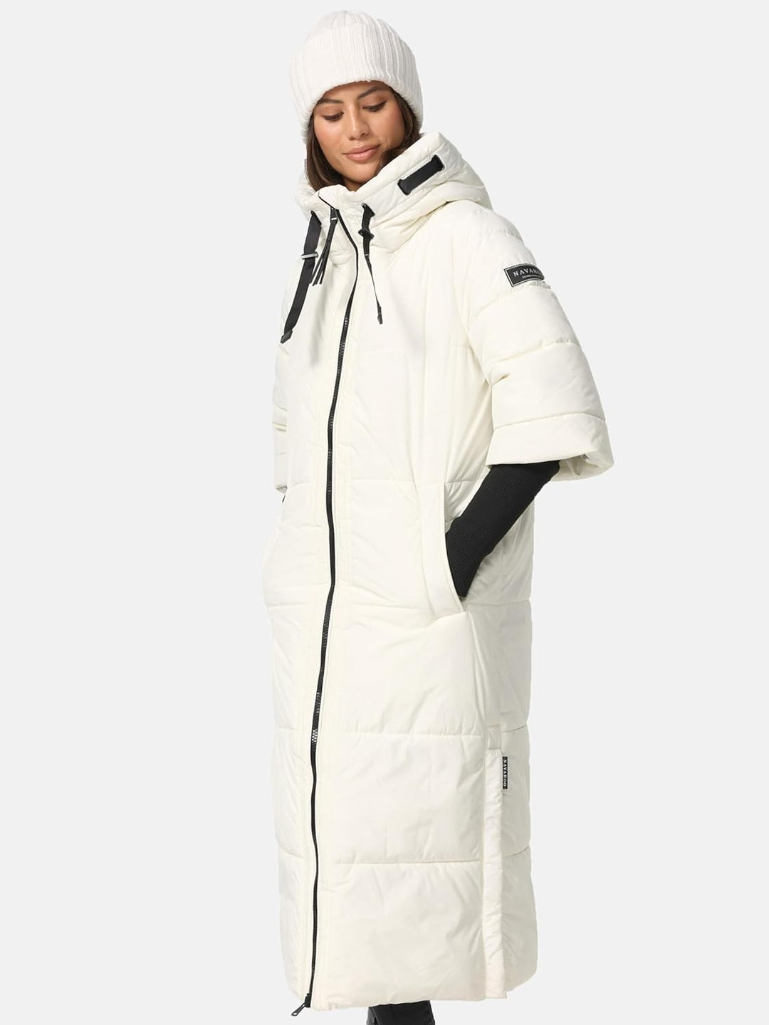 Navahoo Damen Wintermantel warmer Steppmantel lang mit Kapuze und Rippstrickärmeln Ciao Miau XIV XS-