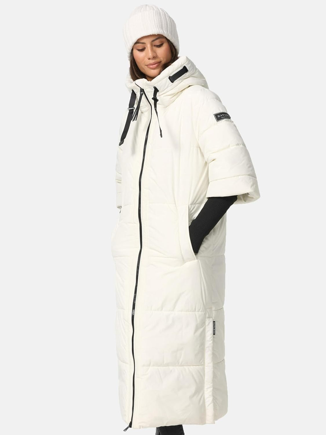 Navahoo Damen Wintermantel Warmer Steppmantel lang mit Kapuze und Rippstrickärmeln Ciao MIAU XIV XS-