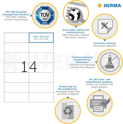 HERMA 4625 Universal Etiketten, 200 Blatt, 105 x 42,3 mm, 14 Stück pro A4 Bogen, 2800 Aufkleber, sel