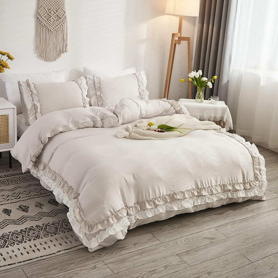 Sedefen Bettwäsche 200 x 200 cm Beige mit Weiss Rüschen Angenehme Mikrofaser Mädchen Bettwäsche-Sets