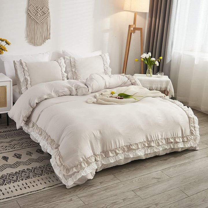 Sedefen Bettwäsche 200 x 200 cm Beige mit Weiss Rüschen Angenehme Mikrofaser Mädchen Bettwäsche-Sets