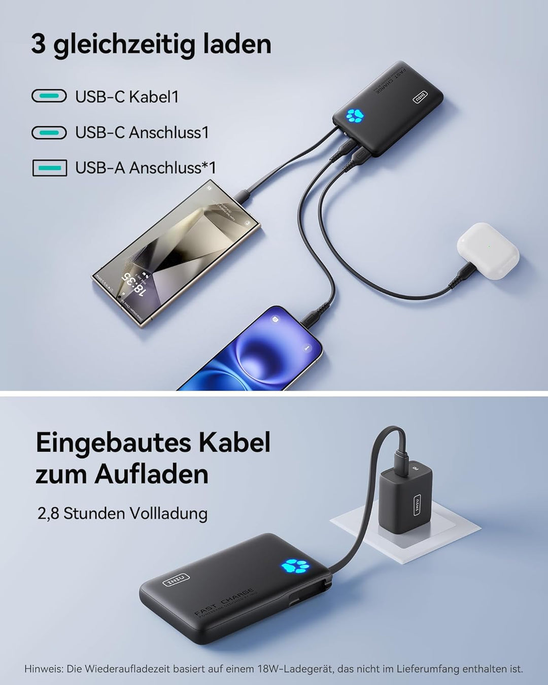 INIU Power Bank, Minigrösse 20W 10000mAh PowerBank mit Integriertem USB-C Kabel, PD3.0 QC4.0 USB C I