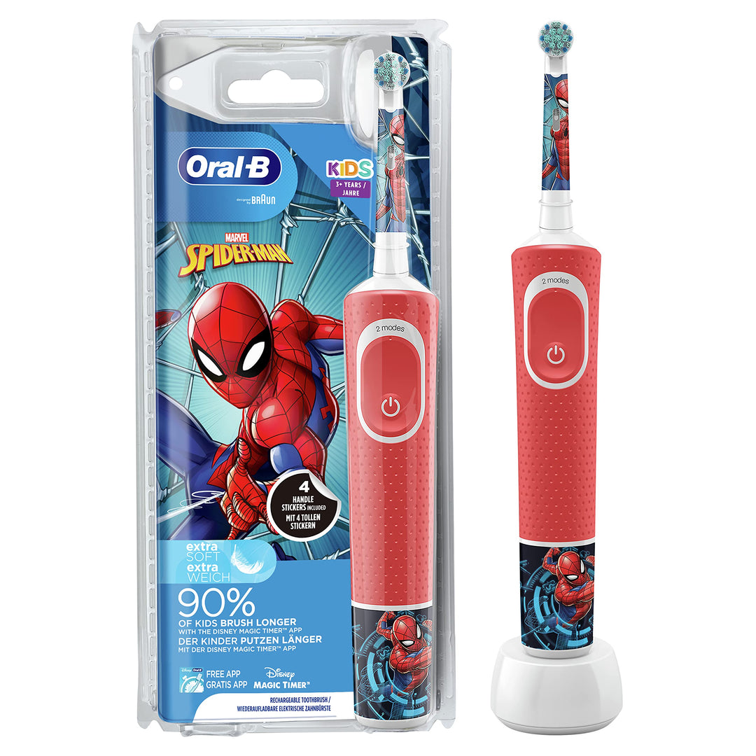 Oral-B Kids Spiderman Elektrische Zahnbürste für Kinder ab 3 Jahren, extra weiche Borsten, 2 Putzmod