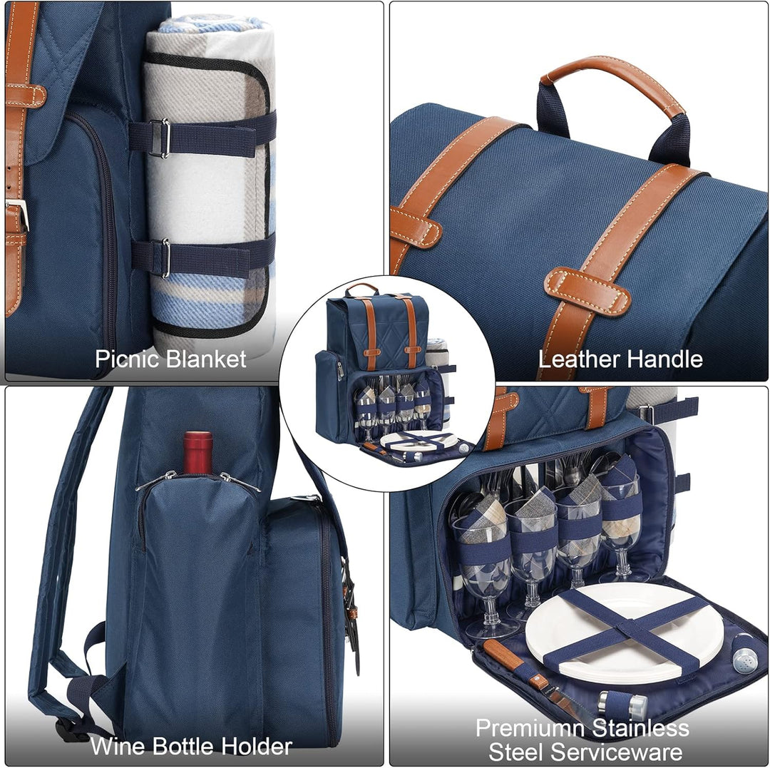 Picknick-Rucksack für 4 Personen mit grosser isolierter Kühltasche, Picknickkorb-Set mit Weinbeutel,