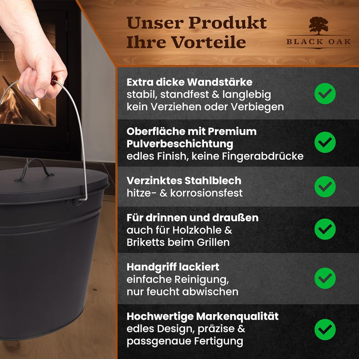 BLACK OAK Ascheeimer Vesuvio 15L – schwarz oval mit Deckel - gross 15 Liter - Stahl feuerfest verzin