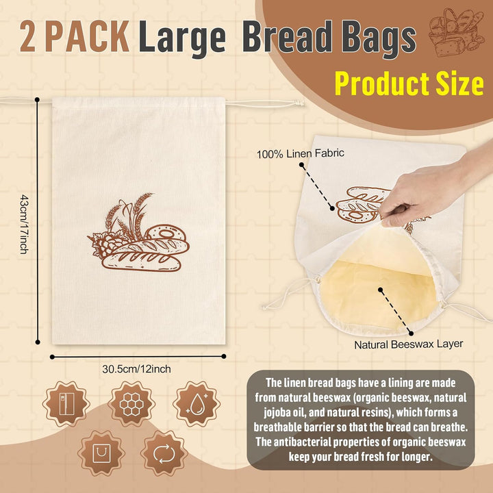 2 Stück 43 * 32,5cm Brotbeutel mit Bienenwachstuch Innenfutter Wiederverwendbare Brottüten Brot Obst