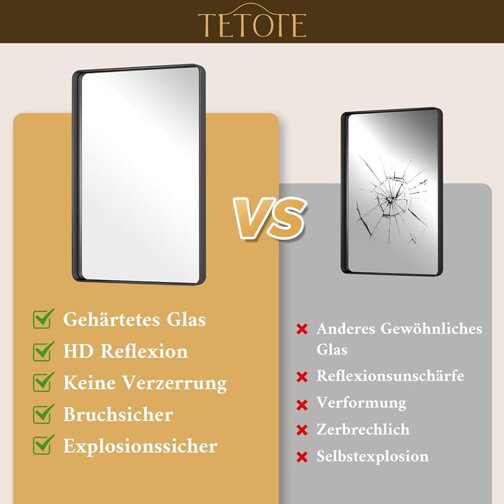 TETOTE 40x50cm Wandspiegel Schwarz Ohne Beleuchtung, Rechteckig Badspiegel mit Runder Ecke, Metallra