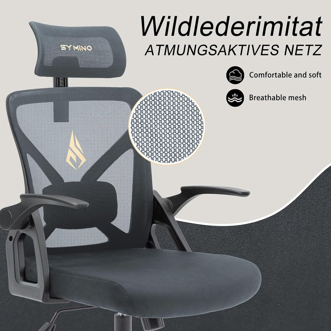 Symino Bürostuhl Ergonomisch, Schreibtischstuhl mit Verstellbarer Kopfstütze, Armlehnen, Lordosenstü