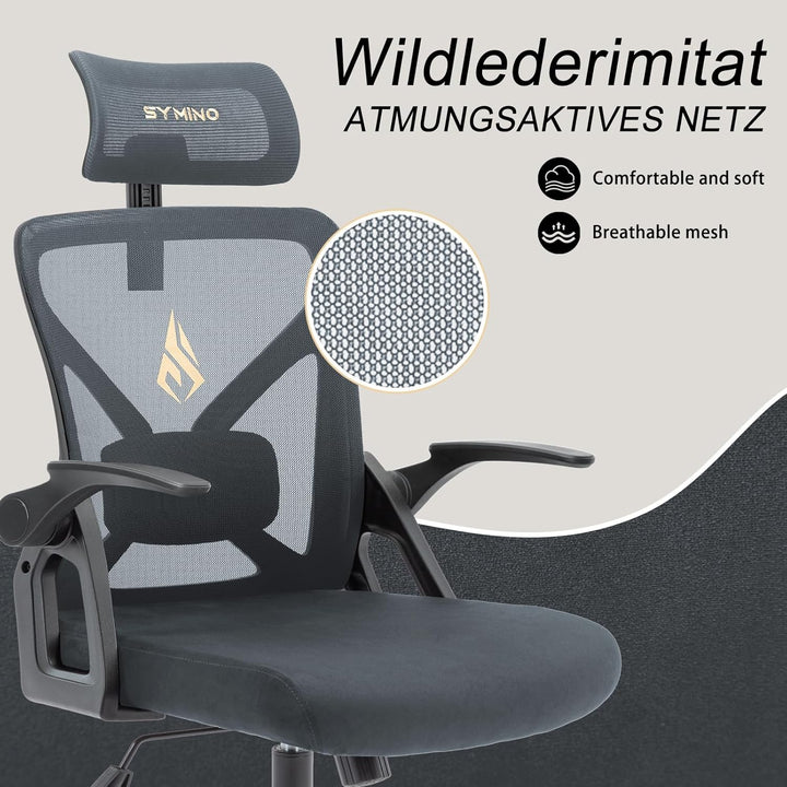 Symino Bürostuhl Ergonomisch, Schreibtischstuhl mit Verstellbarer Kopfstütze, Armlehnen, Lordosenstü