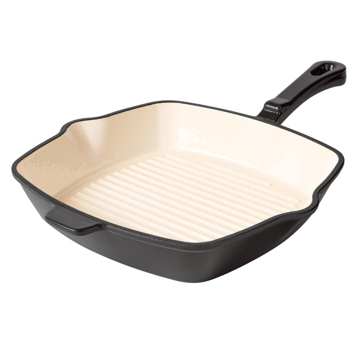 Römertopf Gusseisen Grillpfanne eckig 24 cm – Steakpfanne Emaille, alle Herdarten inkl. Induktion, b