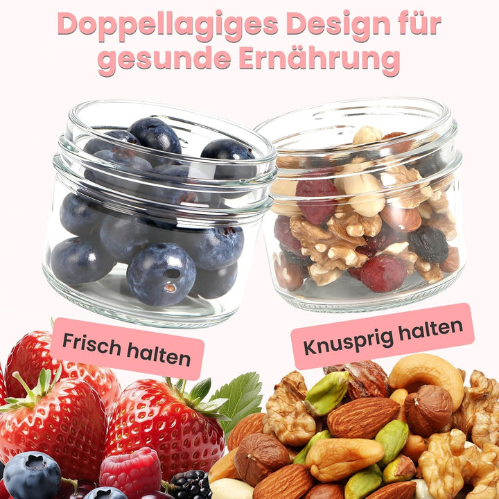 2er Müslibecher to go, 500 ml+120ml Overnight Oats Gläser, Doppelwandiger Glasbehälter mit Deckel, J