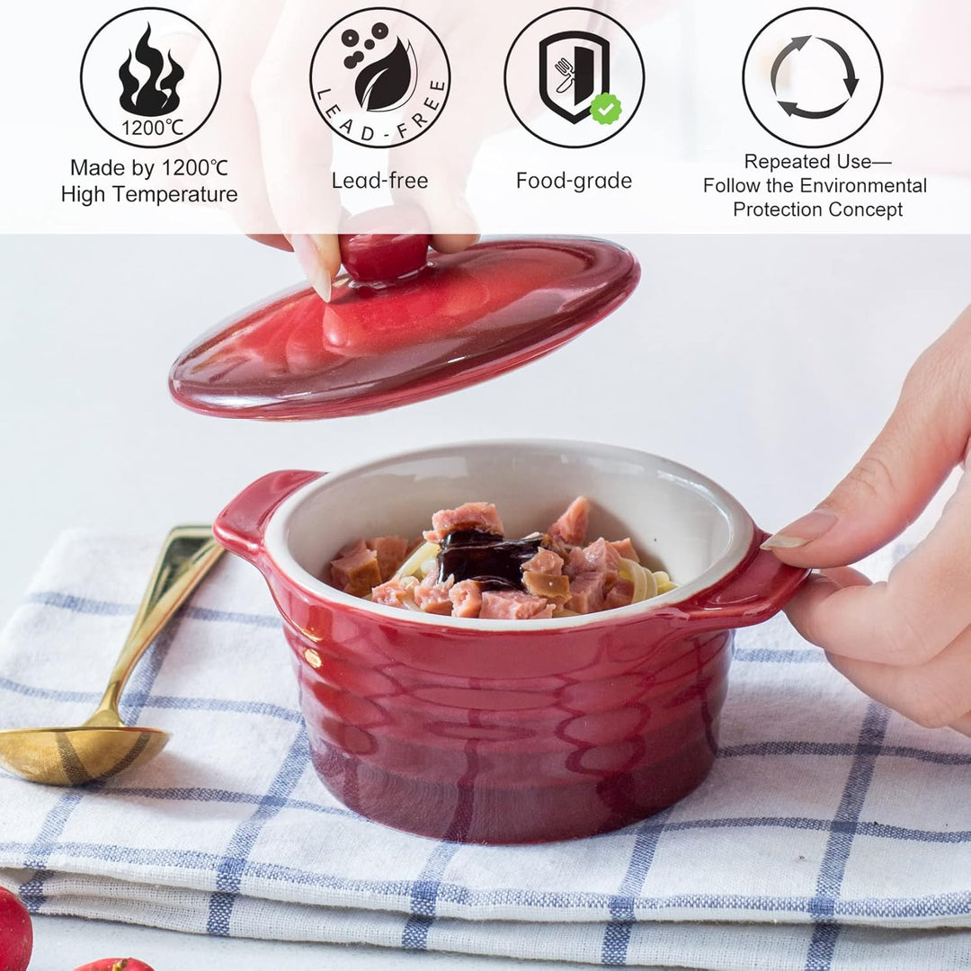 Auflaufform Klein 250ml X 4er, Soufflé Förmchen Mit Deckel - Rot, Creme Brulee Schälchen aus Porzell