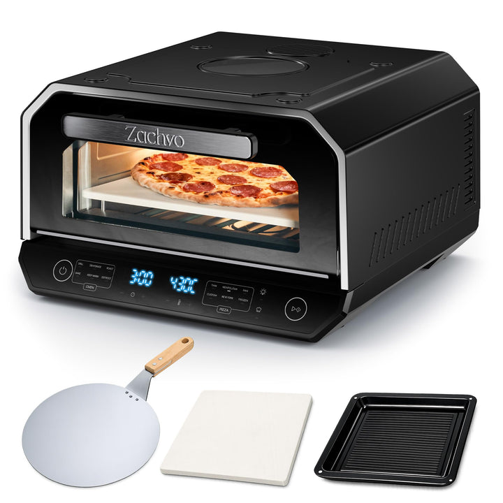 Pizzaofen Elektrisch 450°C – Neapolitanische Pizza in 90 Sek, Sichtfenster & Innenbeleuchtung, 6 Pro