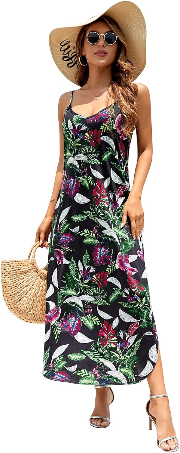 HUSKARY Damen-Sommerkleid, lässig, ärmellos, V-Ausschnitt, Riemen, geteilt, lockeres Kleid, Strandkl
