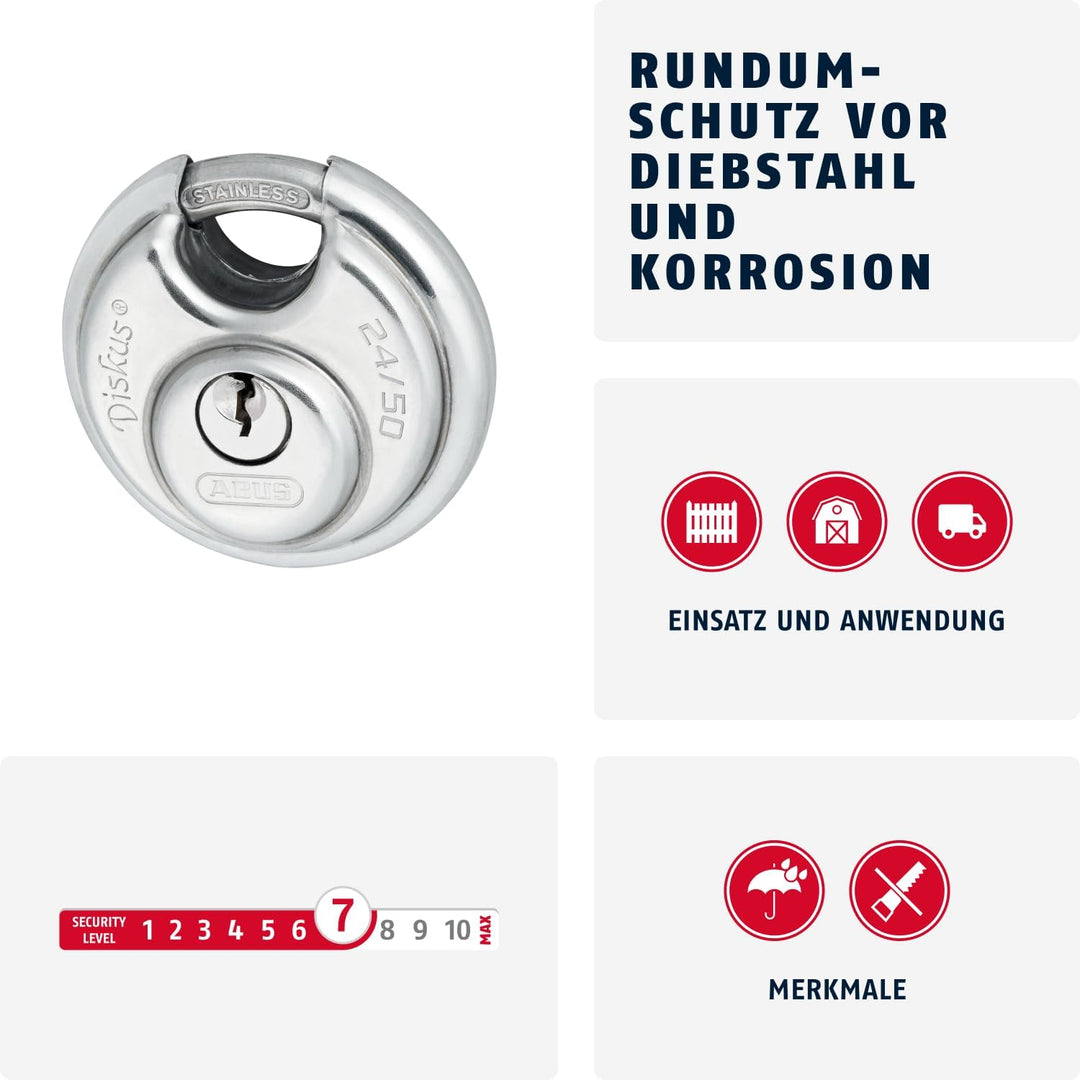 ABUS Diskus Vorhängeschloss 24IB/50 aus Edelstahl - mit 360° Rundumschutz - zur Sicherung bei starke