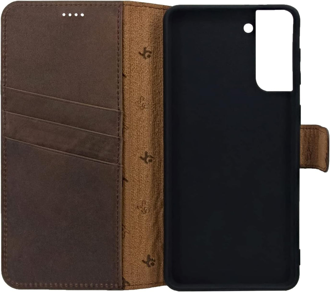 Suncase Book-Style Hülle kompatibel mit Samsung Galaxy S23 5G Leder Tasche (Slim-Fit) Lederhülle Han