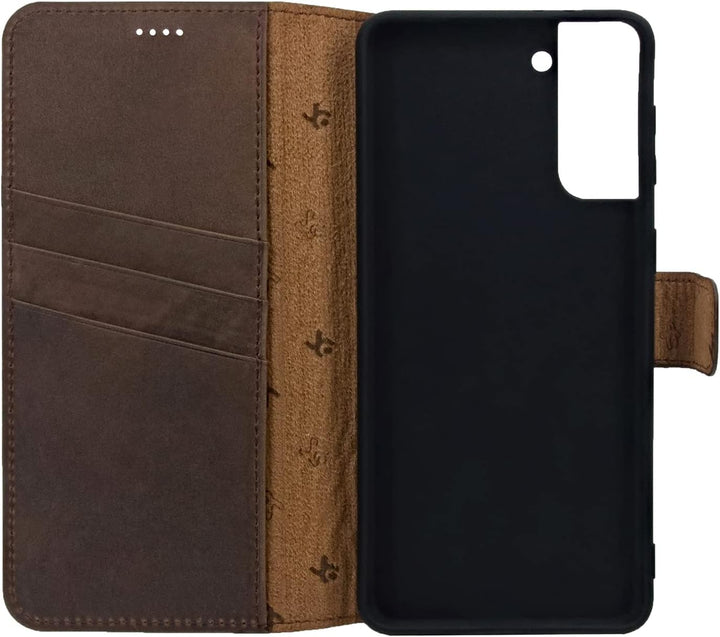Suncase Book-Style Hülle kompatibel mit Samsung Galaxy S23 5G Leder Tasche (Slim-Fit) Lederhülle Han