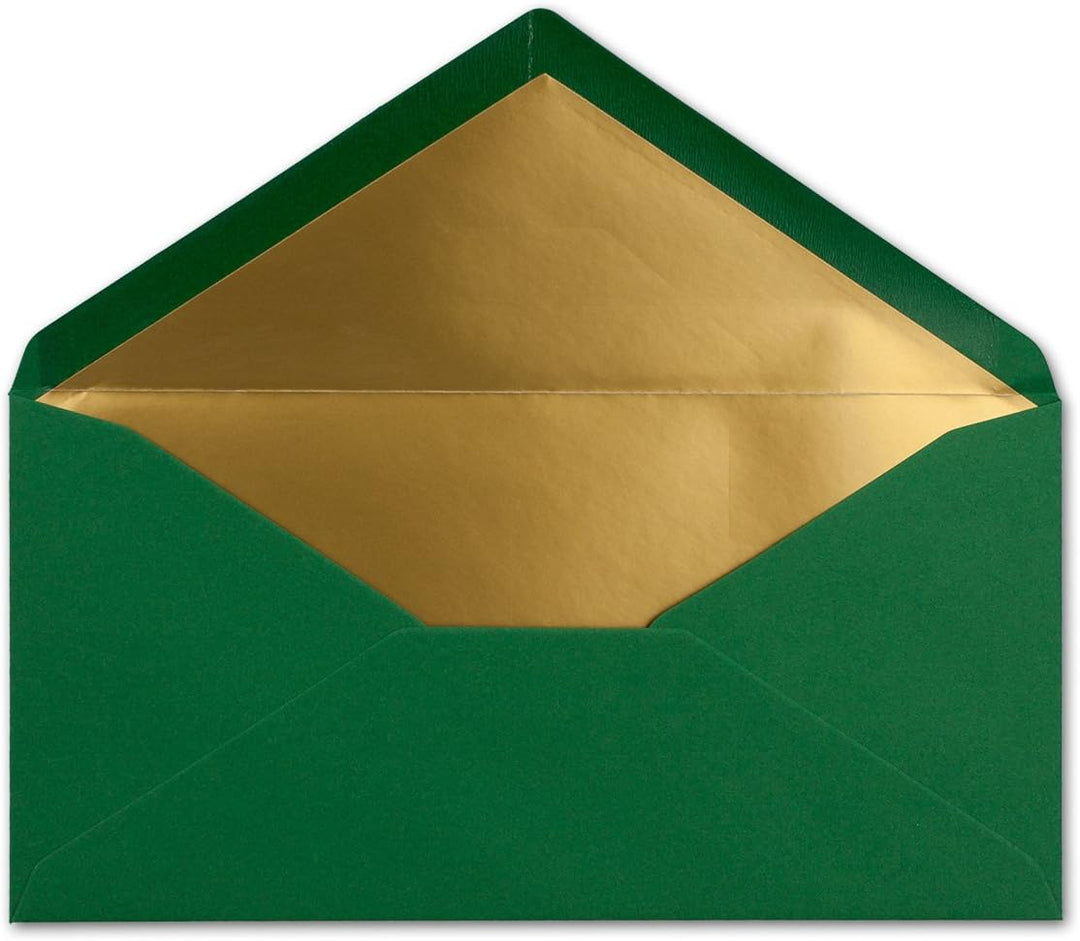 75 Brief-Umschläge DIN Lang - Dunkelgrün mit Gold-Metallic Innen-Futter - 110 x 220 mm - Nassklebung