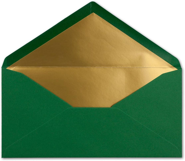 75 Brief-Umschläge DIN Lang - Dunkelgrün mit Gold-Metallic Innen-Futter - 110 x 220 mm - Nassklebung