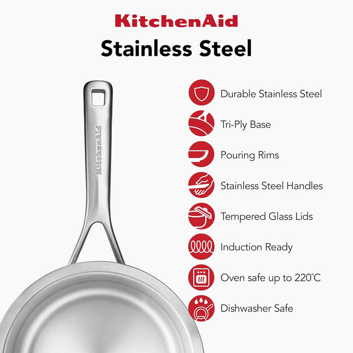 KitchenAid Stainless Steel Sheet Edelstahl-Kochgeschirrset, 3-teilig, 16 cm/20 cm/24 cm Kochtöpfe, I
