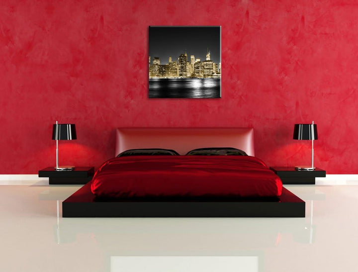 Pixxprint Manhattan Skyline bei Nacht schwarz/weiss, Format: 70x70 auf Leinwand, 70x70