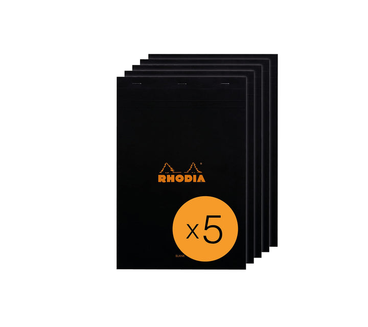 Rhodia 190009C - Packung mit 5 Notizblöcken geheftet No.19 A4+ 80 Blätter blanko 80g, Schwarz, 1 Pac