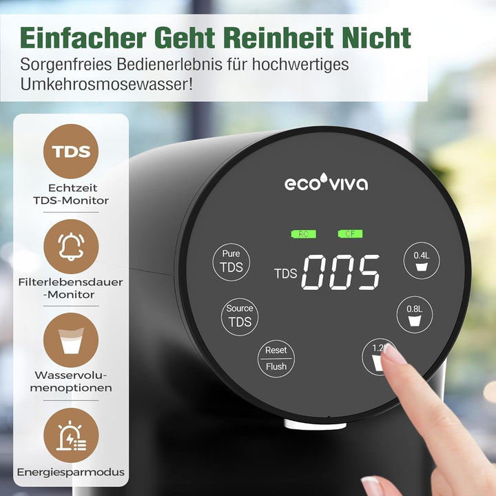 Ecoviva Auftisch Osmoseanlage, Trinkwasser Umkehrosmoseanlage mit 5-stufige Filtration, Echtzeit-TDS