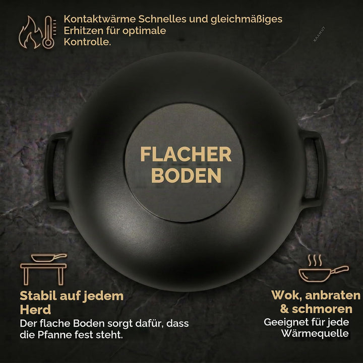 Wok Wadjan Professionell Ø36 aus Gusseisen – Mit Holzdeckel &amp; Bambus-Wokbürste – Für alle Wärmequell