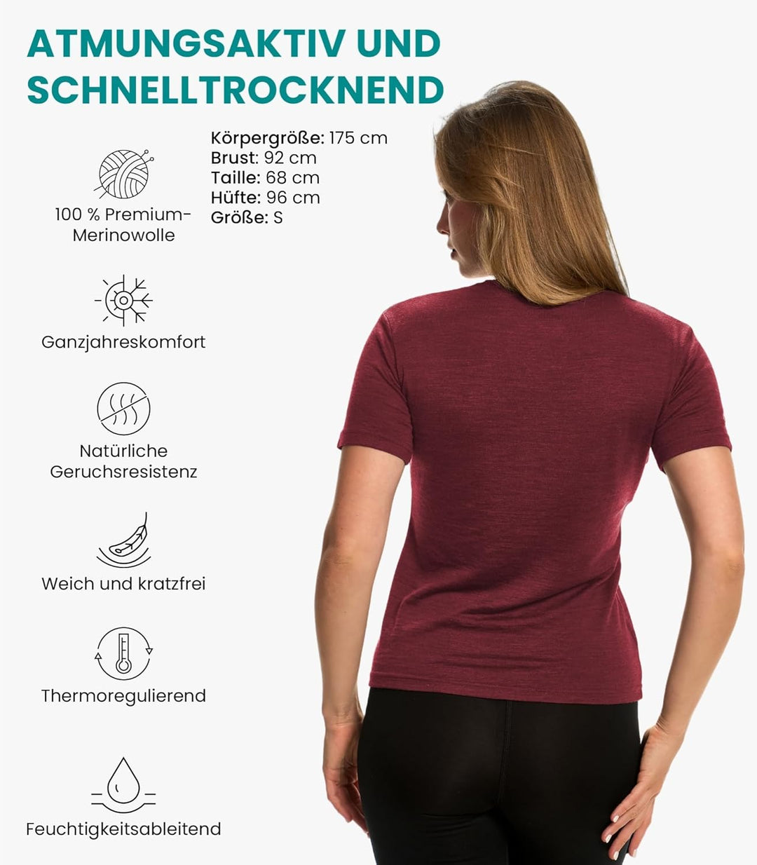 Merino.tech 100% Merino Shirt Damen Wandern - Merinowolle Tshirt Damen Kurzarm - Sport Thermo Unterh