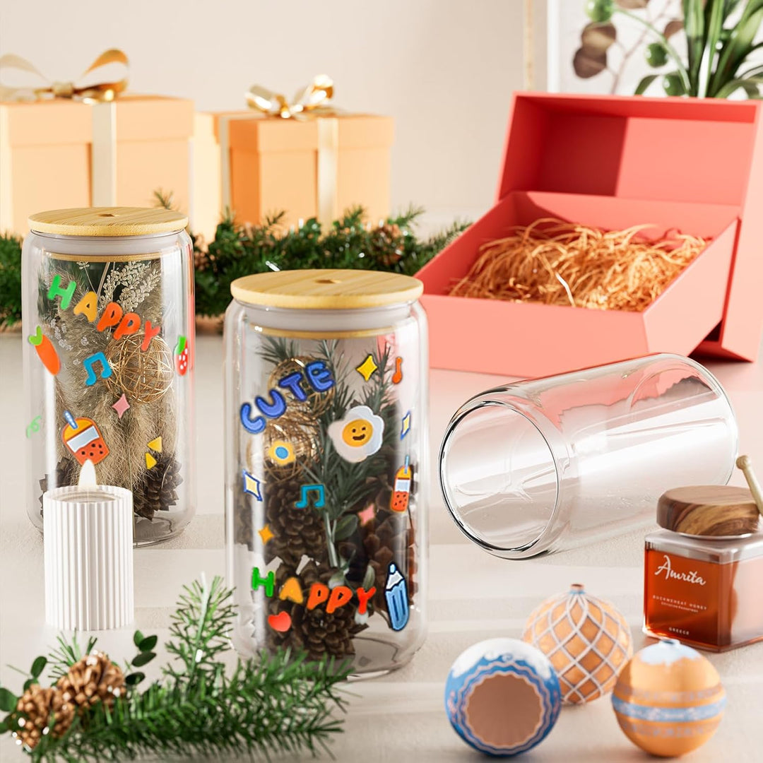 FINEW [8er Set] Trinkbecher Mit Deckel und Strohhalm Glas, 8er Cocktailgläser Set, 16oz/450ml Eiskaf