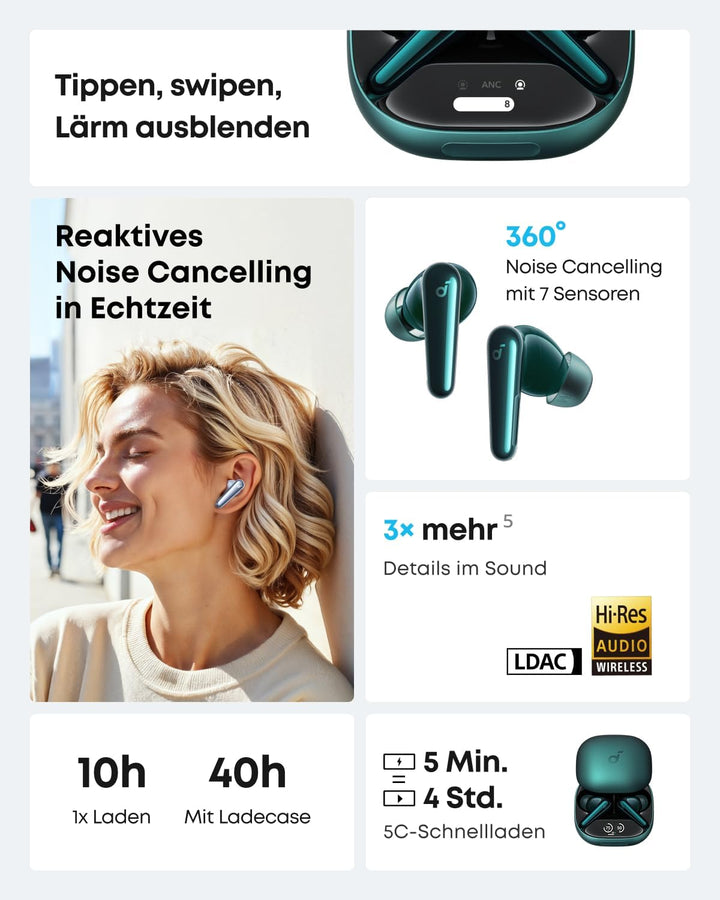 soundcore Liberty 4 Pro von Anker, Kabellose Noise Cancelling Kopfhörer, Earbuds mit 7 Sensoren, ANC
