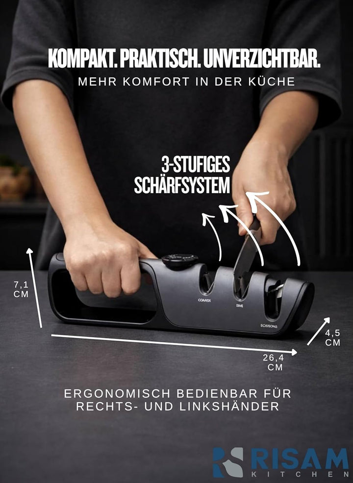 Messerschärfer – 3-stufiges Schleifsystem mit Diamant- & Keramikeinsätzen – Rutschfester Standfuss –
