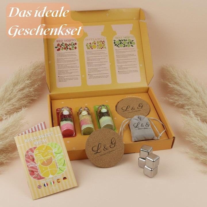 L&G – Rum Sweet Rum Geschenkset | Rum Selber Machen Set mit 3 Gewürzflaschen, Edelstahl-Eiswürfeln &