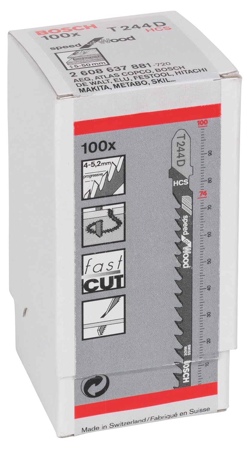 Bosch Professional 100 x Stichsägeblatt T 244 D Speed for Wood (für weiches Holz, Kurvenschnitt, Zub