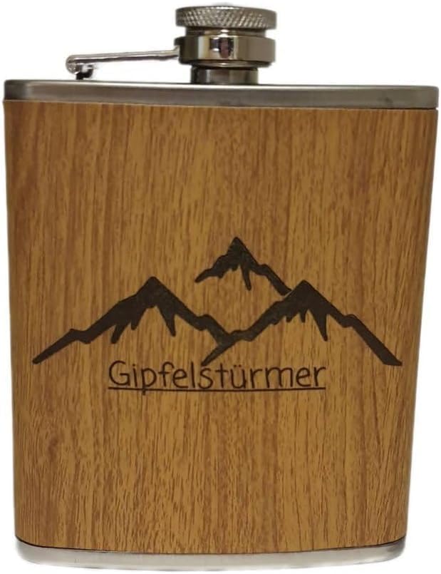 Edelstahl Flachmann 170ml in Holzoptik – Ideal für Unterwegs, Robust & Langlebig, Trinkflasche, Gesc