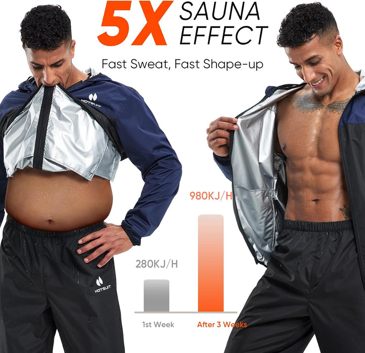 HOTSUIT Schwitzanzug Herren Trainingsanzüge Fitnessstudio Workout Übung Saunajacke Hose Ganzkörper M