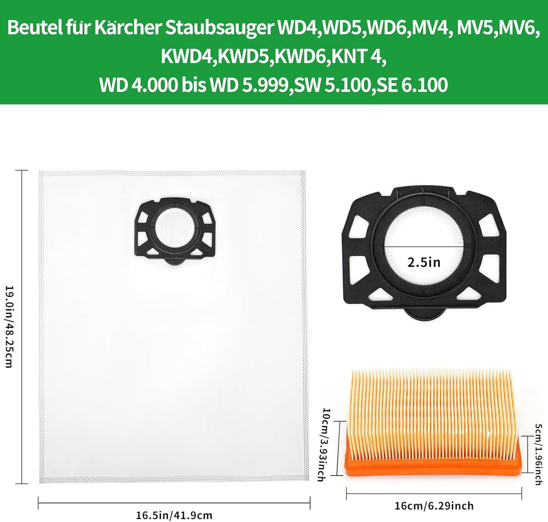 15 Stück Staubsaugerbeutel mit 2 Filter Ersatz für Kärcher WD4 WD5 WD6 WD5P WD6P MV4 MV5 MV6 Staubsa