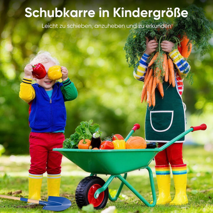 GOLDGE Schubkarre Kinder, 10 Stück Kinder Gartengeräte Set mit 5pcs Gartenwerkzeug Schaufel Set, Wer