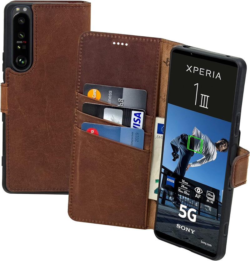 Suncase Book-Style Hülle kompatibel mit Sony Xperia 1 III 3 (2021) Leder Tasche (Slim-Fit) Lederhüll