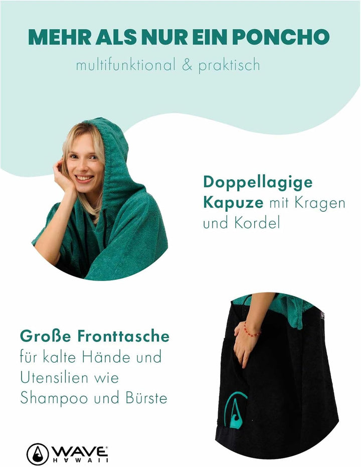 WAVE HAWAII Poncho Aveiro Surfponcho 100% Baumwolle für Körpergrössen von 170-200 cm Umkleidehilfe f