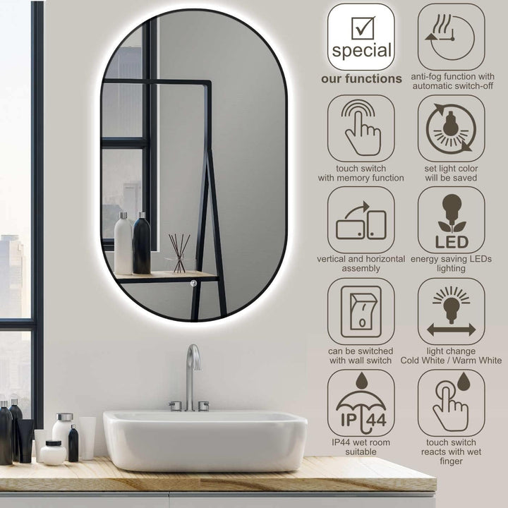SOGOO® LED Wandspiegel oval 50 x 90 cm mit Schwarz Metall Rahmen, einfach Montage, Ovaler Badspiegel