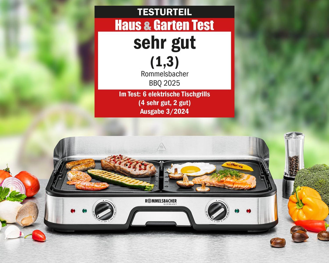 ROMMELSBACHER Tischgrill BBQ 2025, 2 Wende-Grillplatten (geriffelt und glatt), getrennt regelbar, ke