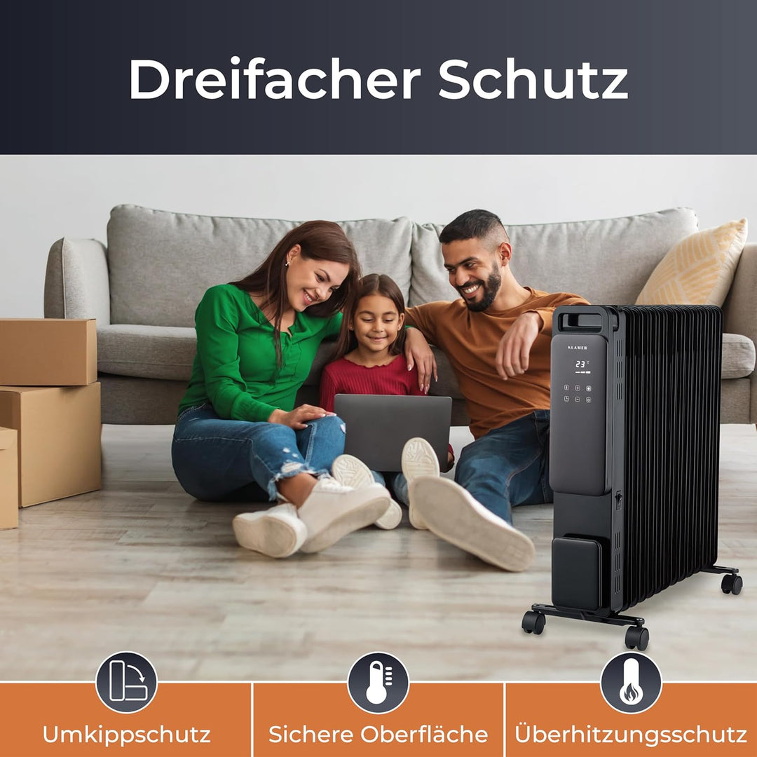 KLAMER Ölradiator 2500 W, Elektroheizung energiesparend, 13 Rippen, 3 Heizstufen mit Eco-Modus, 24h