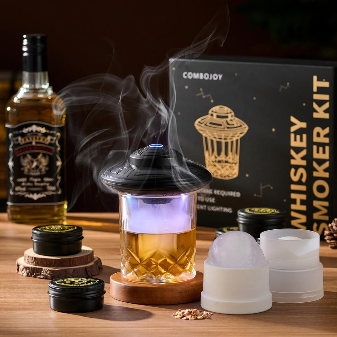 ComboJoy Elektrisches Whisky-Räucherkit mit LED, 6 Aromaholzspäne, Whisky-Glas & Eisform, wiederaufl
